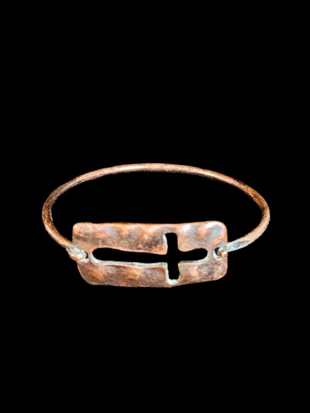 Vintage 1990s Hammered Copper Hinged Bangle Bracelet, Cut-Out Cross, 11.9g